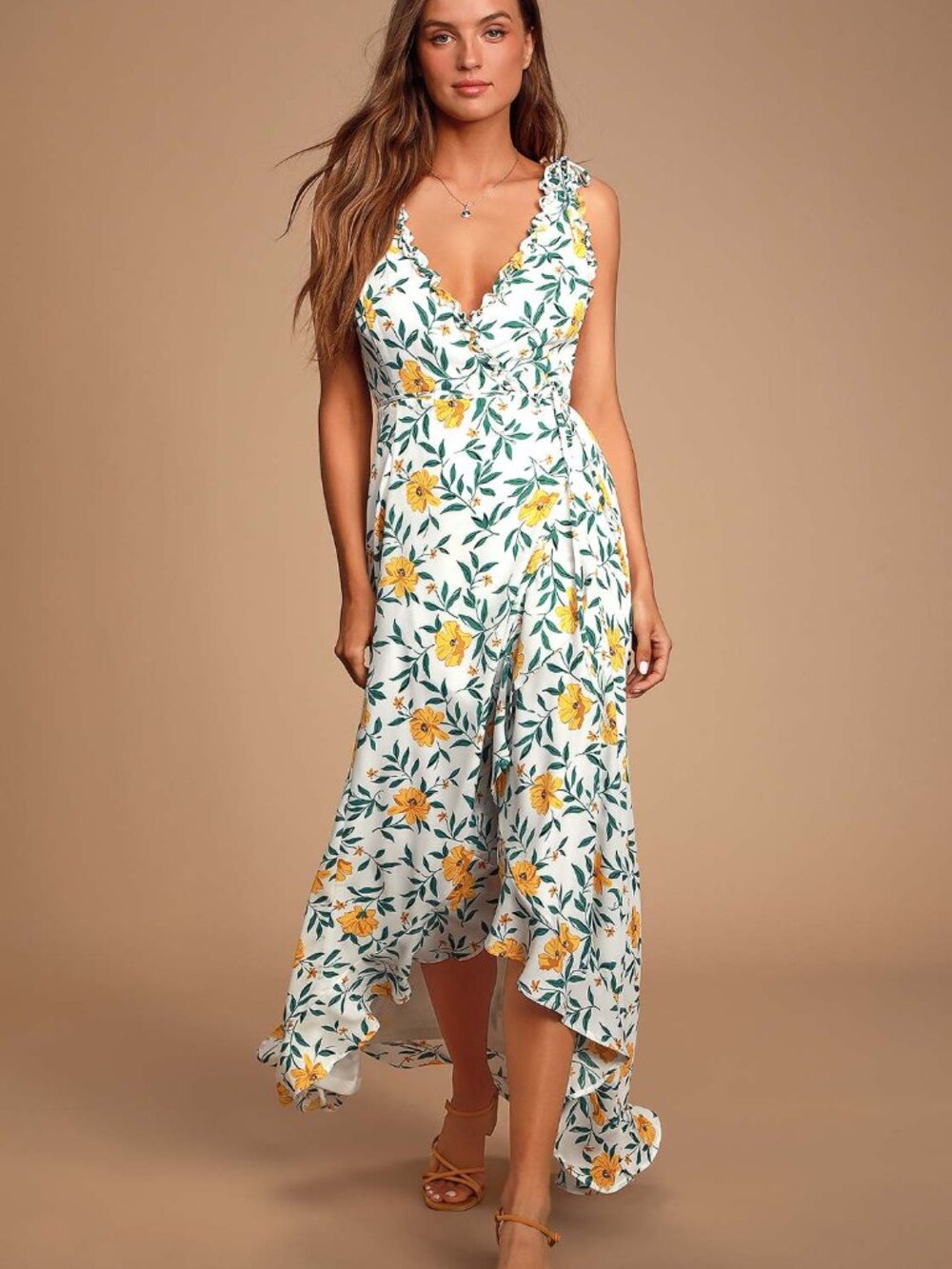 Lulus Blossoming Heart White Floral Print Ruffled High-Low Wrap Dress